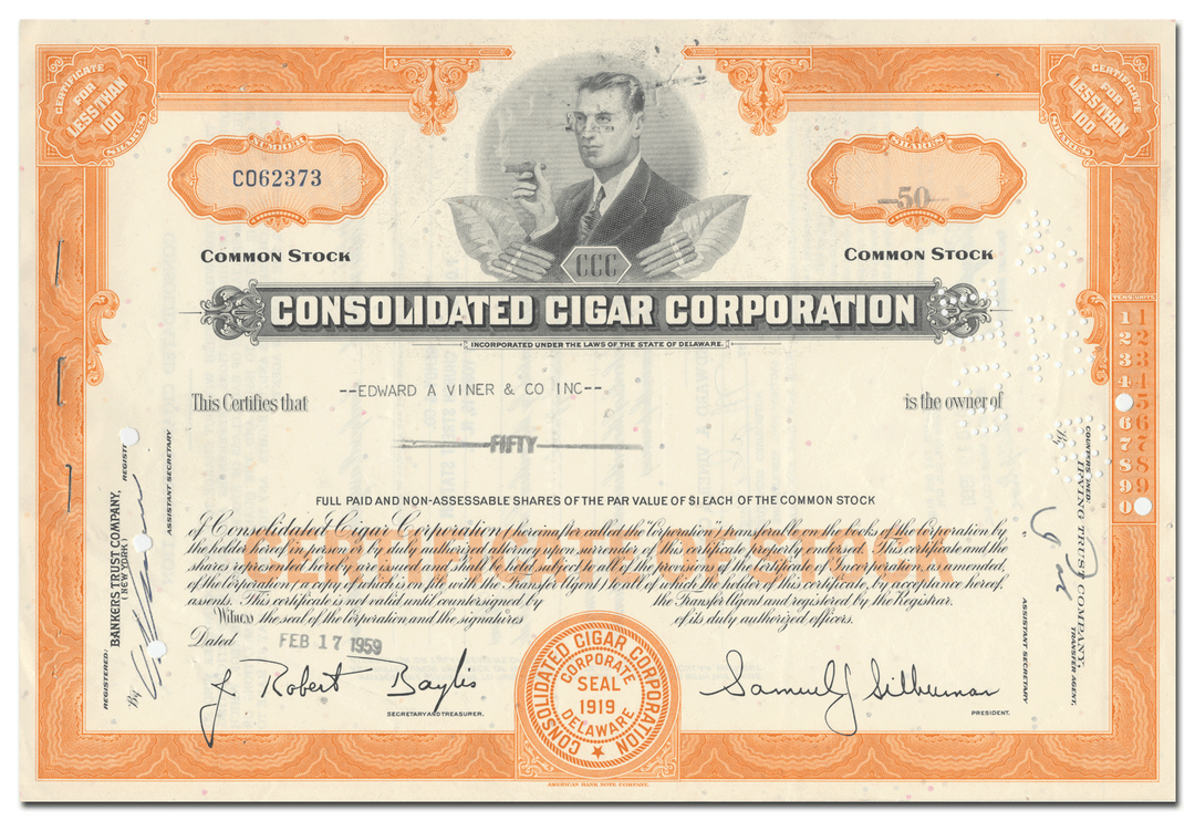 Consolidated Cigar Corporation Stock Certificate