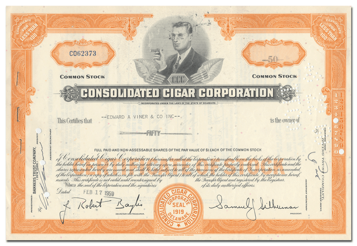 Consolidated Cigar Corporation Stock Certificate