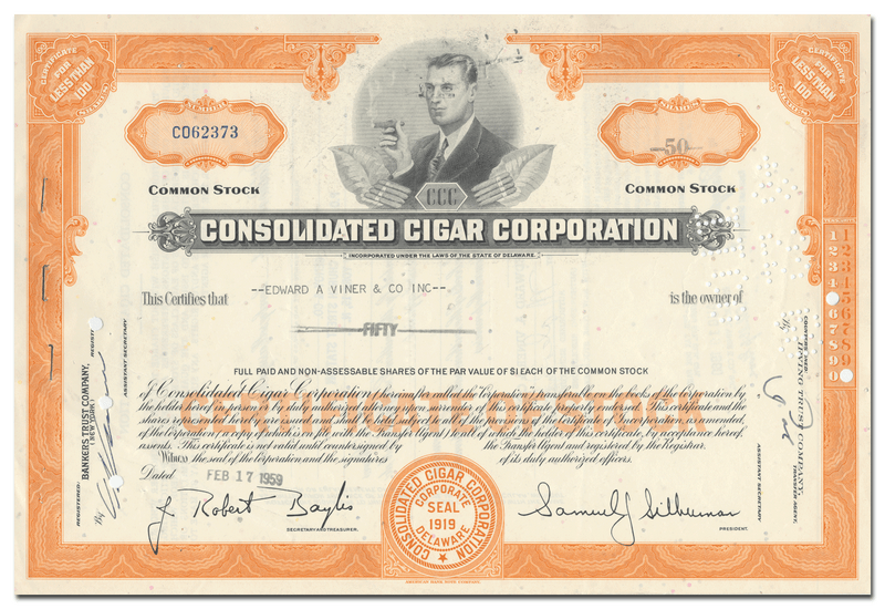 Consolidated Cigar Corporation Stock Certificate