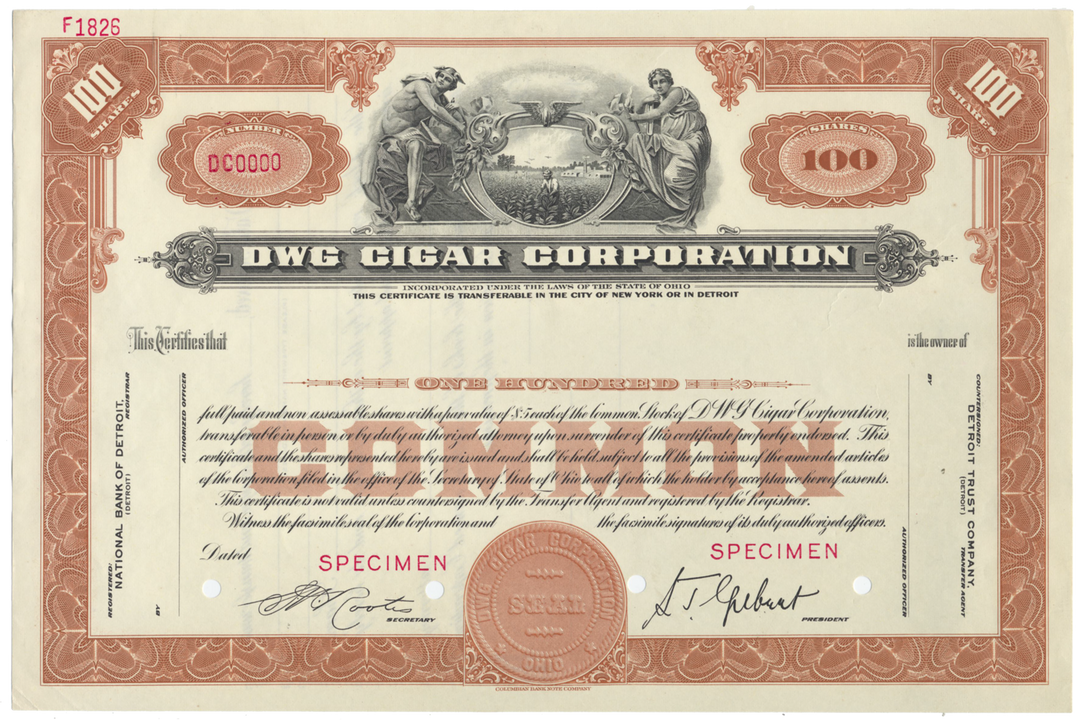 DWG Cigar Corporation Specimen Stock Certificate