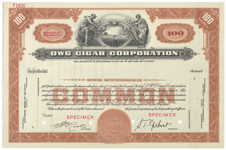 DWG Cigar Corporation Specimen Stock Certificate