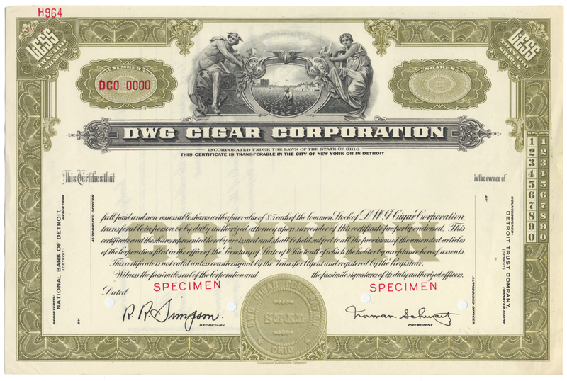 DWG Cigar Corporation Specimen Stock Certificate