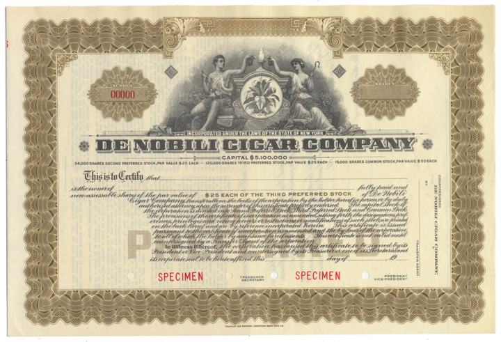 De Nobili Cigar Company Specimen Stock Certificate