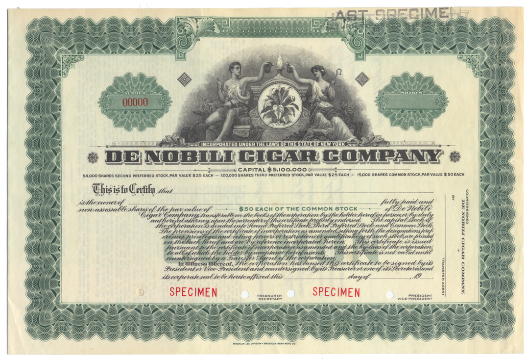 De Nobili Cigar Company Specimen Stock Certificate