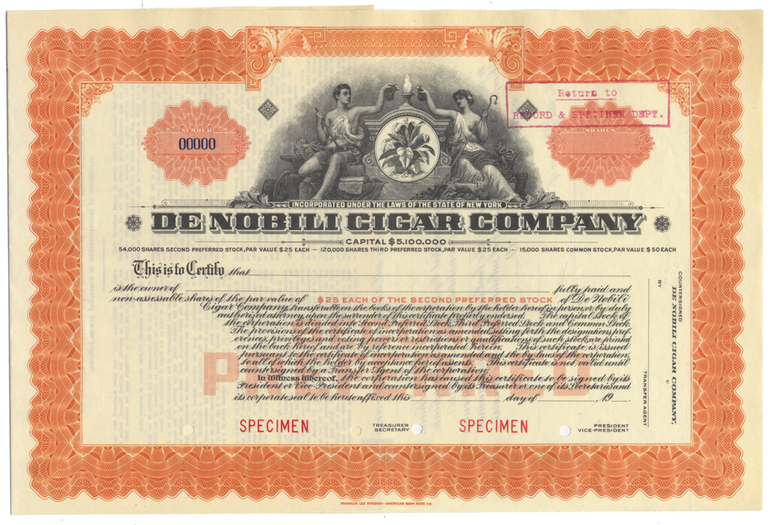 De Nobili Cigar Company Specimen Stock Certificate