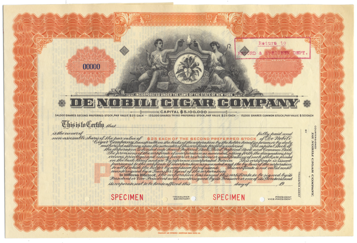 De Nobili Cigar Company Specimen Stock Certificate