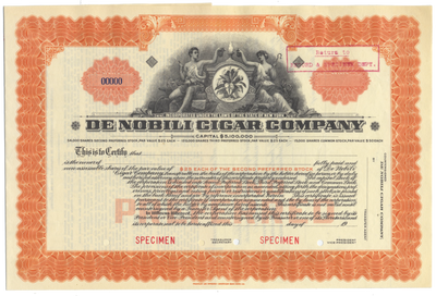 De Nobili Cigar Company Specimen Stock Certificate