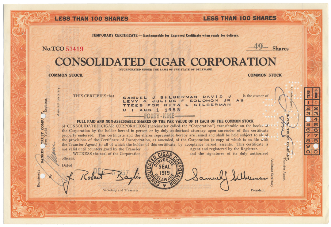 Consolidated Cigar Corporation Stock Certificate