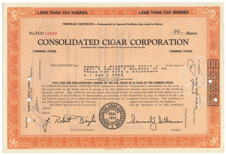 Consolidated Cigar Corporation Stock Certificate