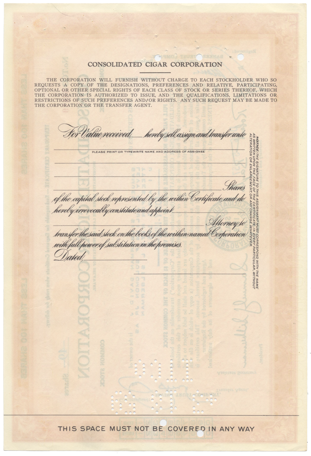 Consolidated Cigar Corporation Stock Certificate