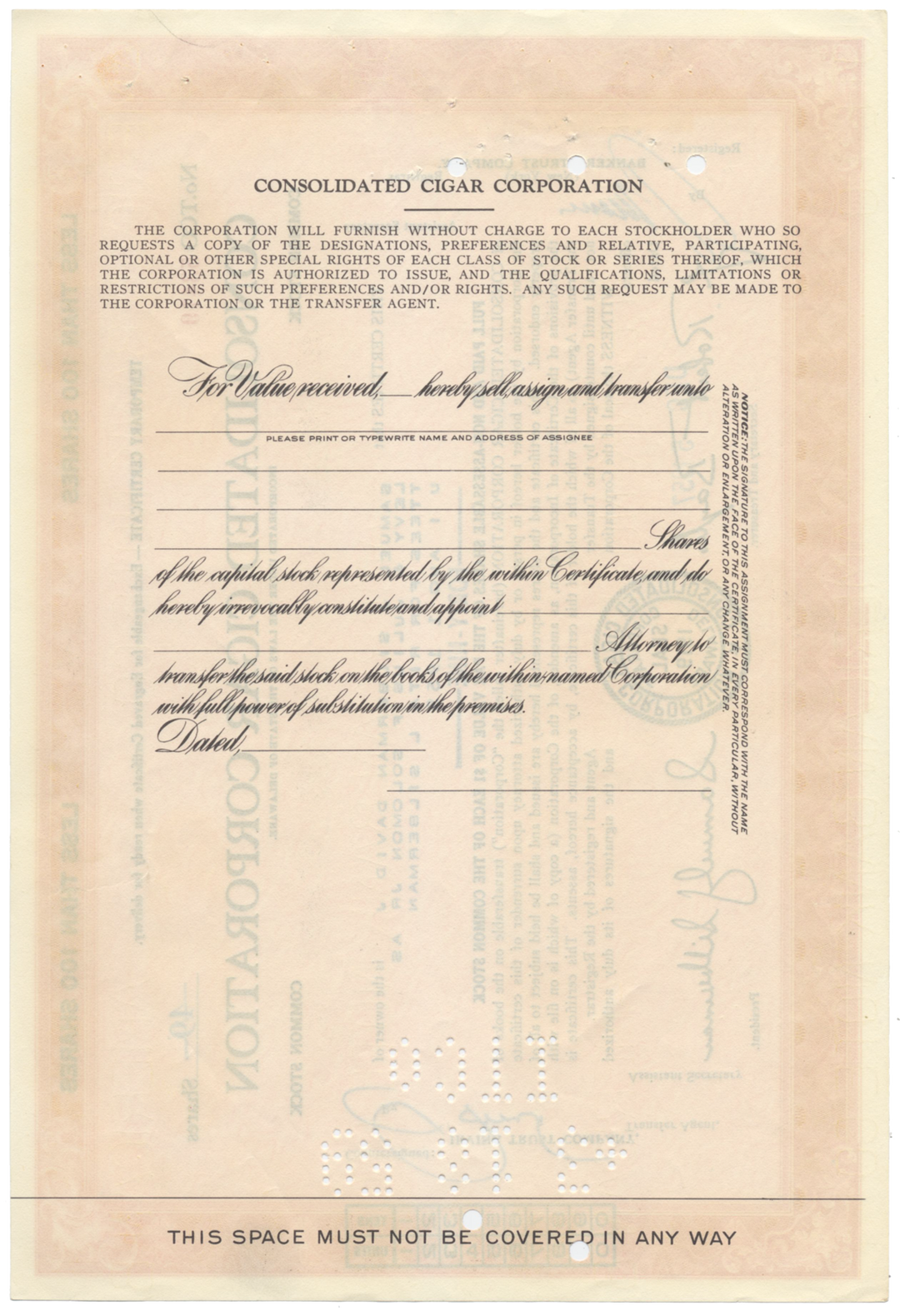 Consolidated Cigar Corporation Stock Certificate