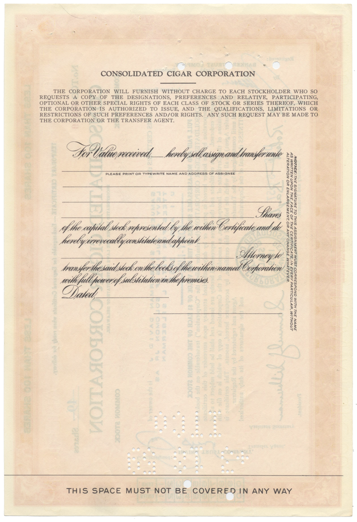 Consolidated Cigar Corporation Stock Certificate