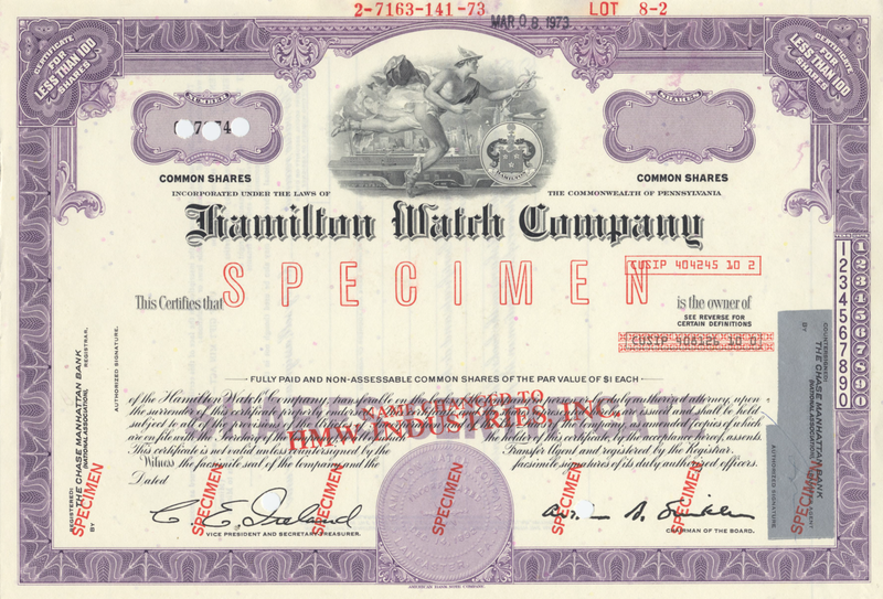 Hamilton Watch Company Specimen Stock Certificate