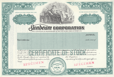 Sunbeam Corporation Specimen Stock Certificate