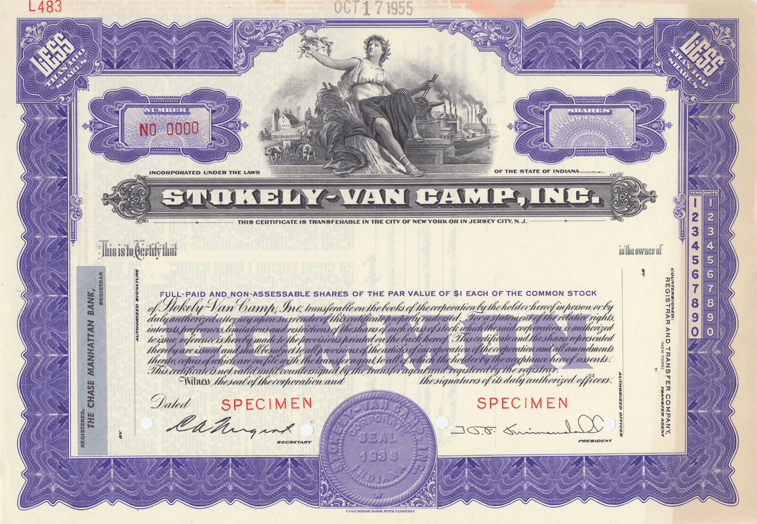 Stokely-Van Camp, Inc. Specimen Stock Certificate