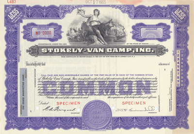 Stokely-Van Camp, Inc. Specimen Stock Certificate