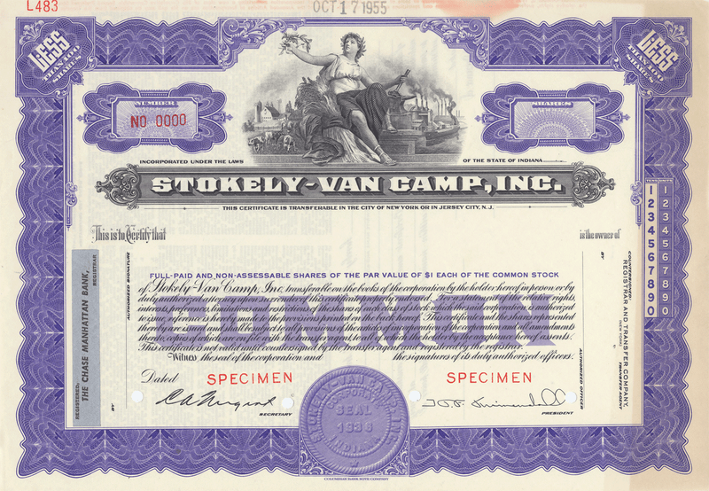 Stokely-Van Camp, Inc. Specimen Stock Certificate