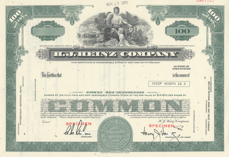 H. J. Heinz Company Specimen Stock Certificate