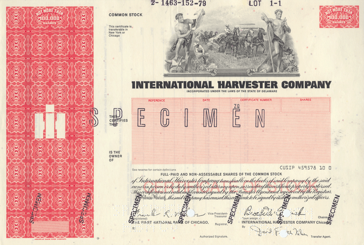 International Harvester Company Specimen Stock Certificate