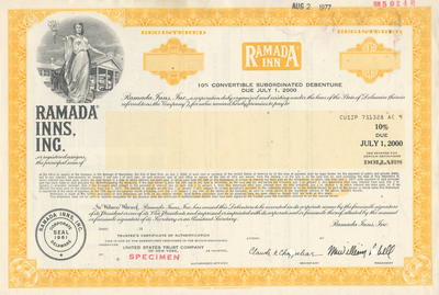 Ramada Inns, Inc. Specimen Bond Certificate