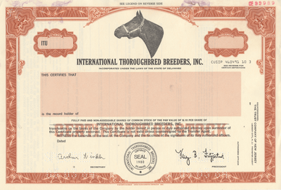 International Thoroughbred Breeders, Inc. Specimen Stock Certificate