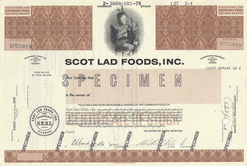 Scot Lad Foods, Inc. Specimen Stock Certificate
