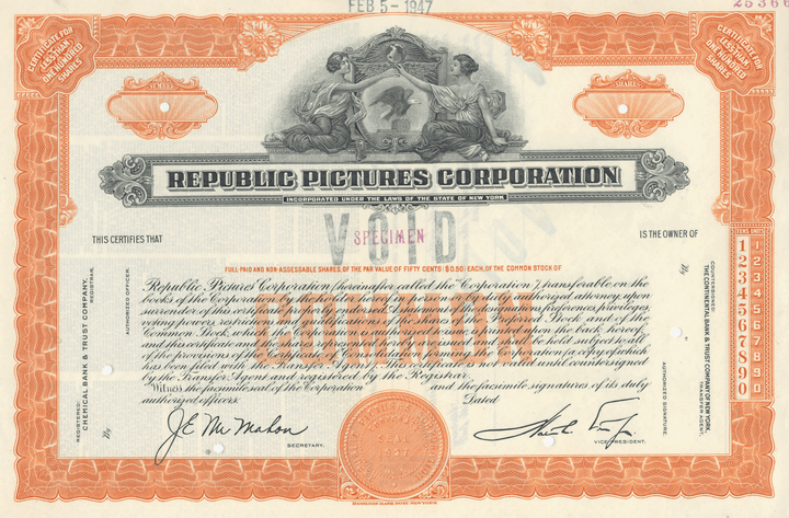 Republic Pictures Corporation Specimen Stock Certificate