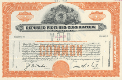 Republic Pictures Corporation Specimen Stock Certificate
