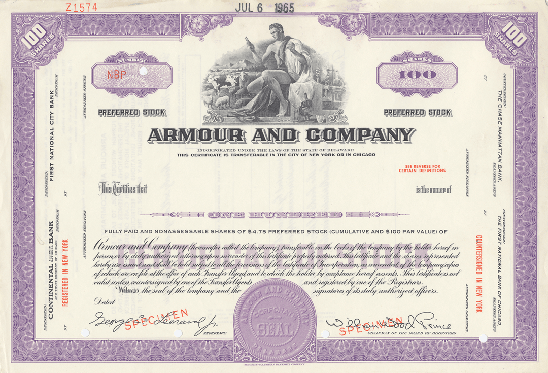 Armour and Company Specimen Stock Certificate