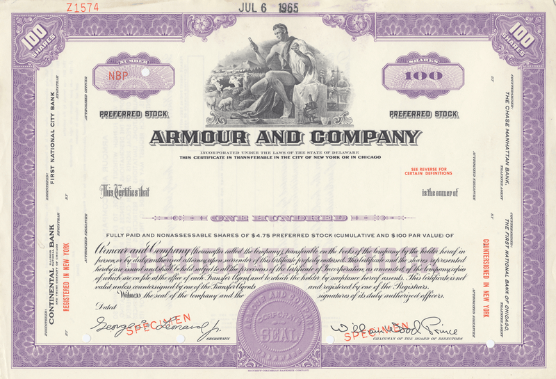 Armour and Company Specimen Stock Certificate