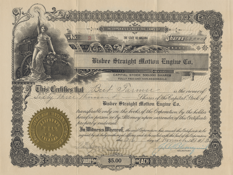 Bisbee Straight Motion Engine Co. Stock Certificate