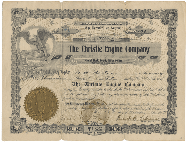 Christie Engine Company Stock Certificate