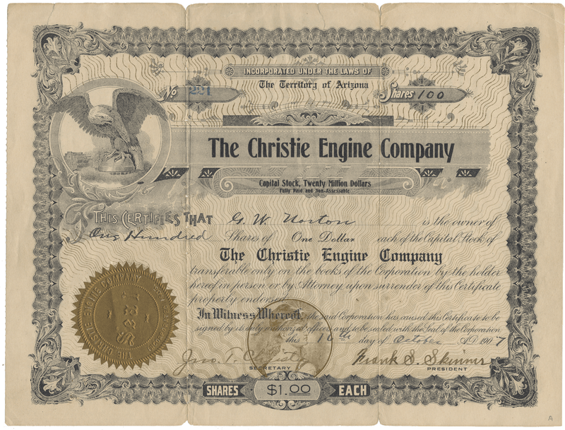 Christie Engine Company Stock Certificate