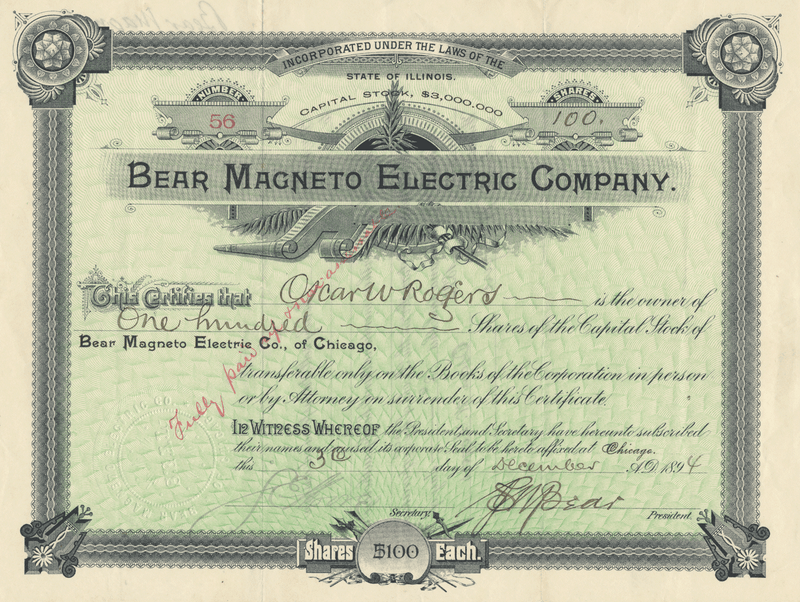 Bear Magneto Electric Company Stock Certificate