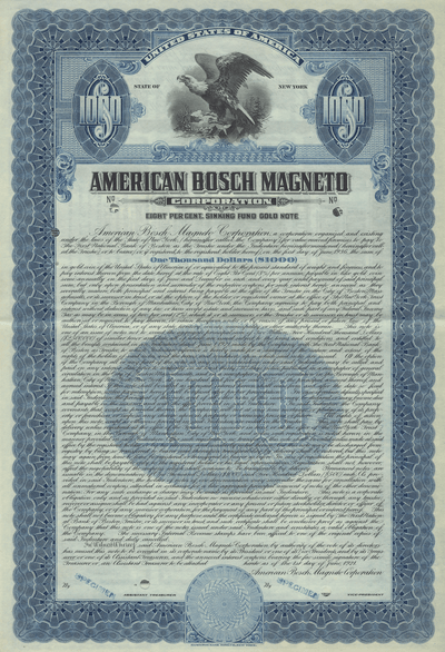American Bosch Magneto Corporation Specimen Bond Certificate