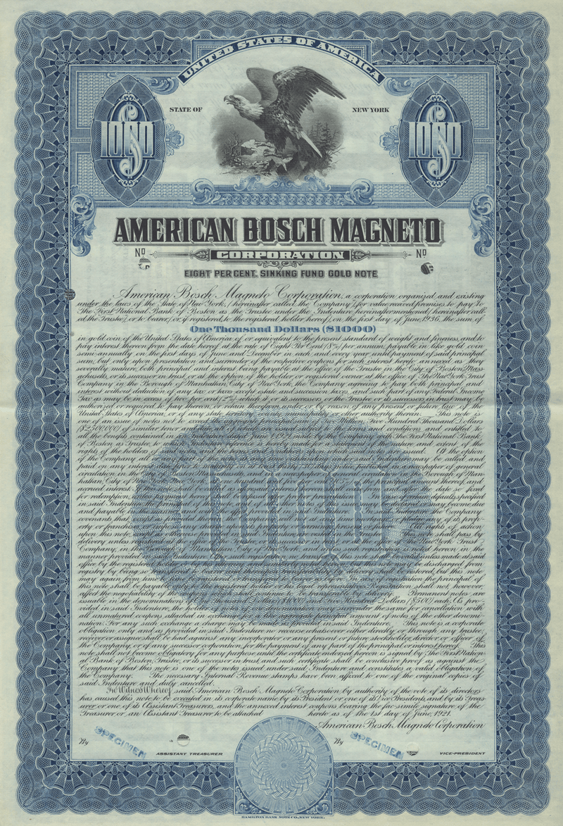 American Bosch Magneto Corporation Specimen Bond Certificate