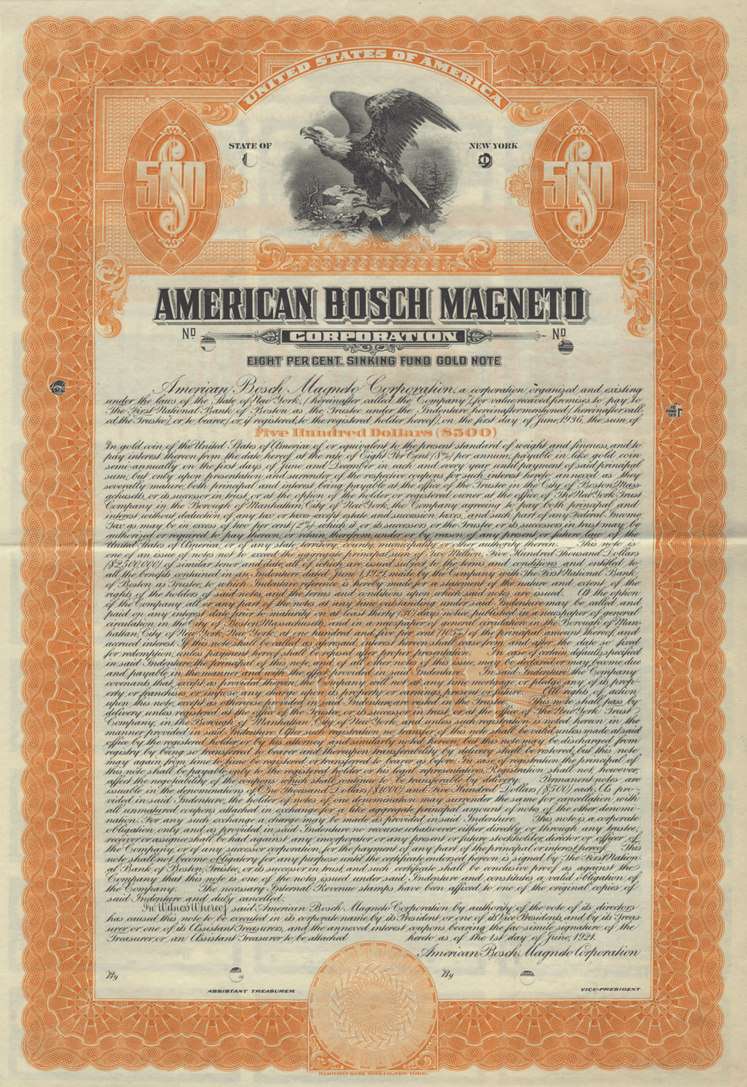 American Bosch Magneto Corporation Specimen Bond Certificate