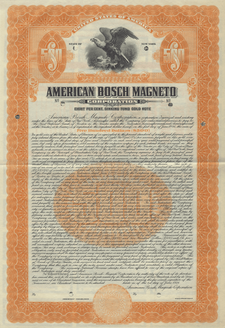 American Bosch Magneto Corporation Specimen Bond Certificate