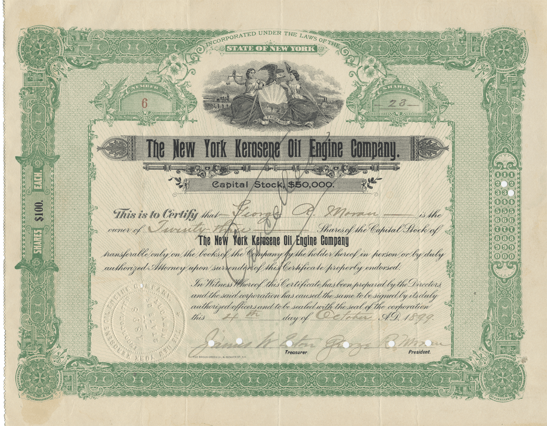 New York Kerosene Oil Engine Company Stock Certificate