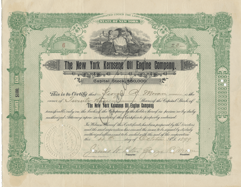 New York Kerosene Oil Engine Company Stock Certificate