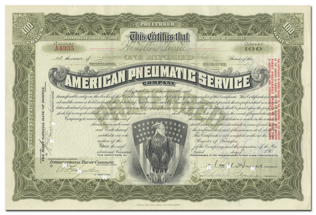 American Pneumatic Service Company Stock Certificate