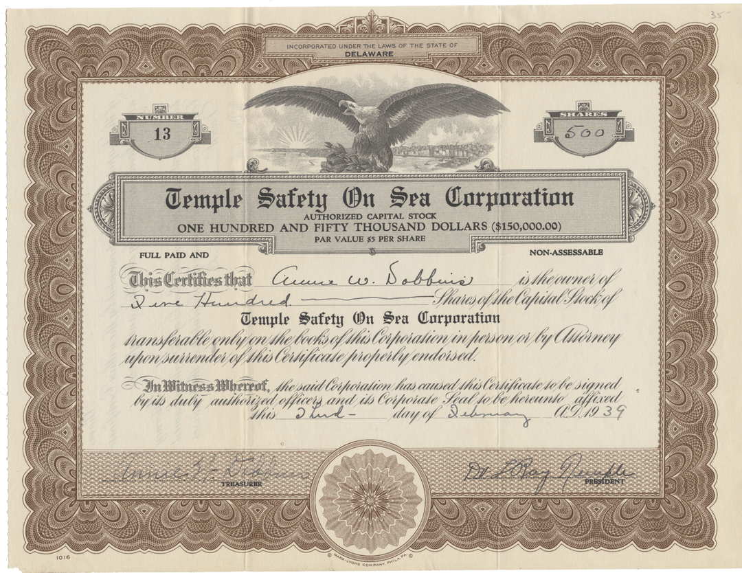 Temple Safety on Sea Corporation Stock Certificate