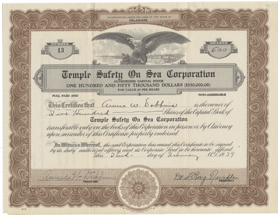 Temple Safety on Sea Corporation Stock Certificate