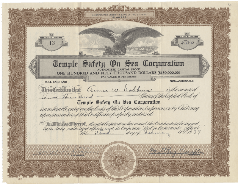 Temple Safety on Sea Corporation Stock Certificate