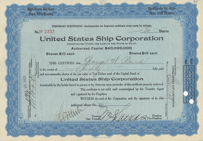 United States Ship Corporation Stock Certificate