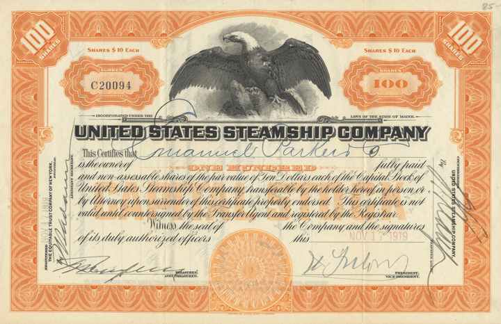 United States Steamship Company Stock Certificate