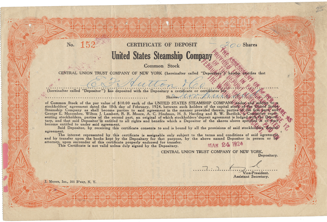 United States Steamship Company Stock Certificate