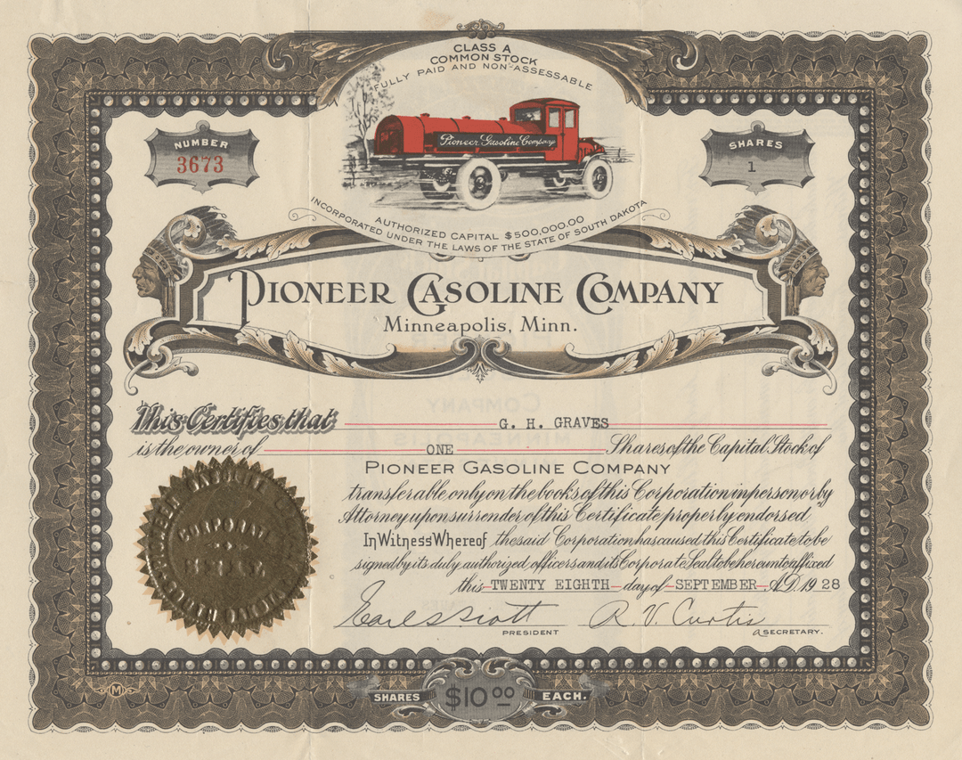 Pioneer Gasoline Company Stock Certificate