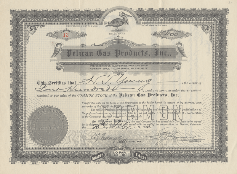 Pelican Gas Products, Inc. Stock Certificate