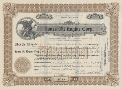 Jones Oil Engine Corp. Stock Certificate